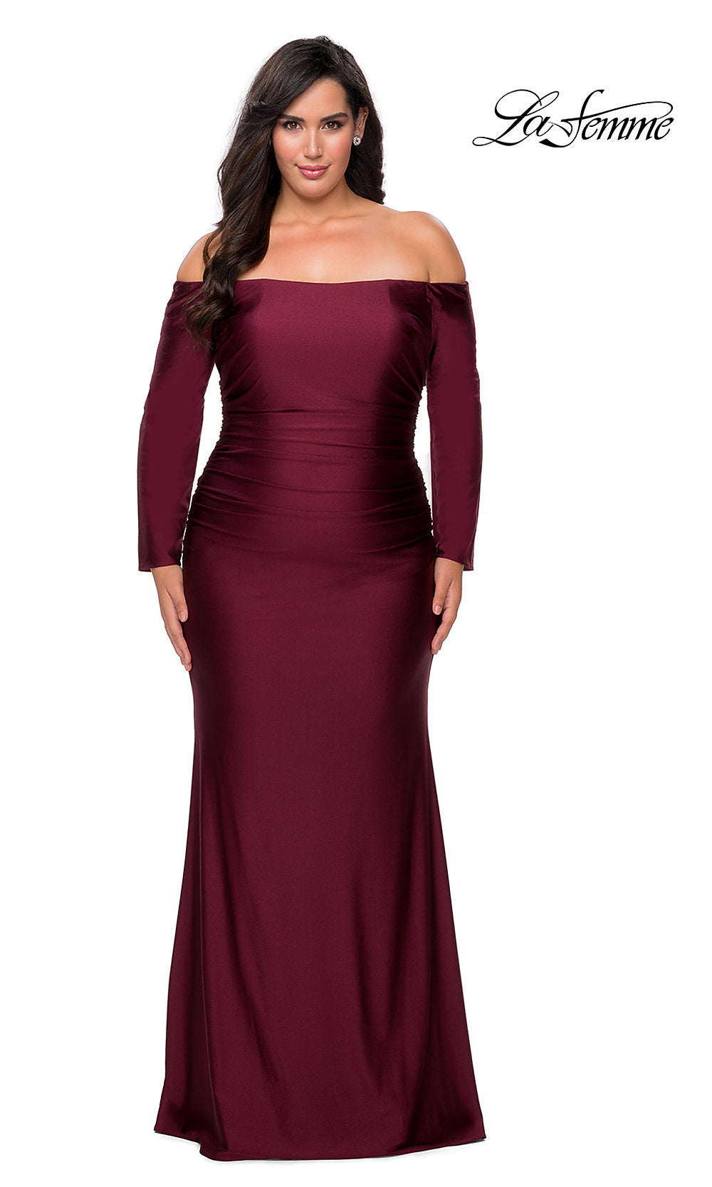 Off-Shoulder Long Sleeve Plus-Size La Femme Prom Gown