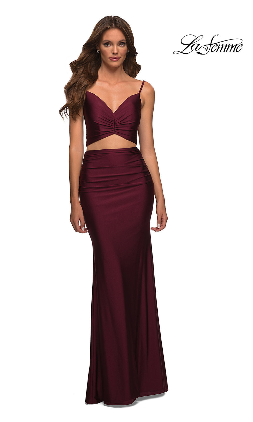 Two-Piece La Femme Long Prom Dress in Dark Berry Red Dark Berry / 2 Two-Piece La Femme Long Prom Dress in Dark Berry Red Dark Berry / 2