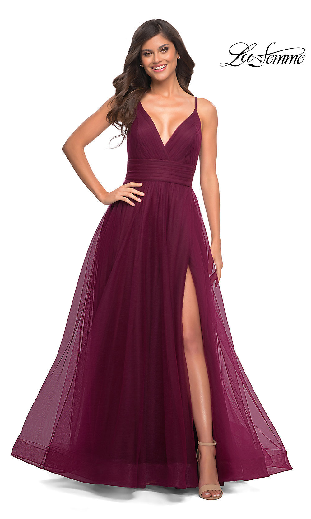Dark Berry La Femme V-Neck Long Tulle Prom Ball Gown