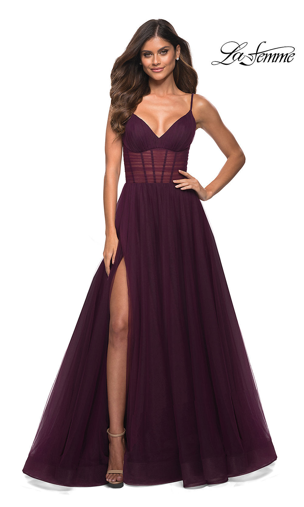 Dark Berry Sheer-Waist Long A-Line Prom Dress by La Femme