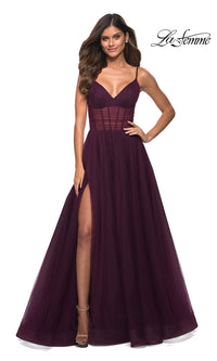 Dark Berry Sheer-Waist Long A-Line Prom Dress by La Femme