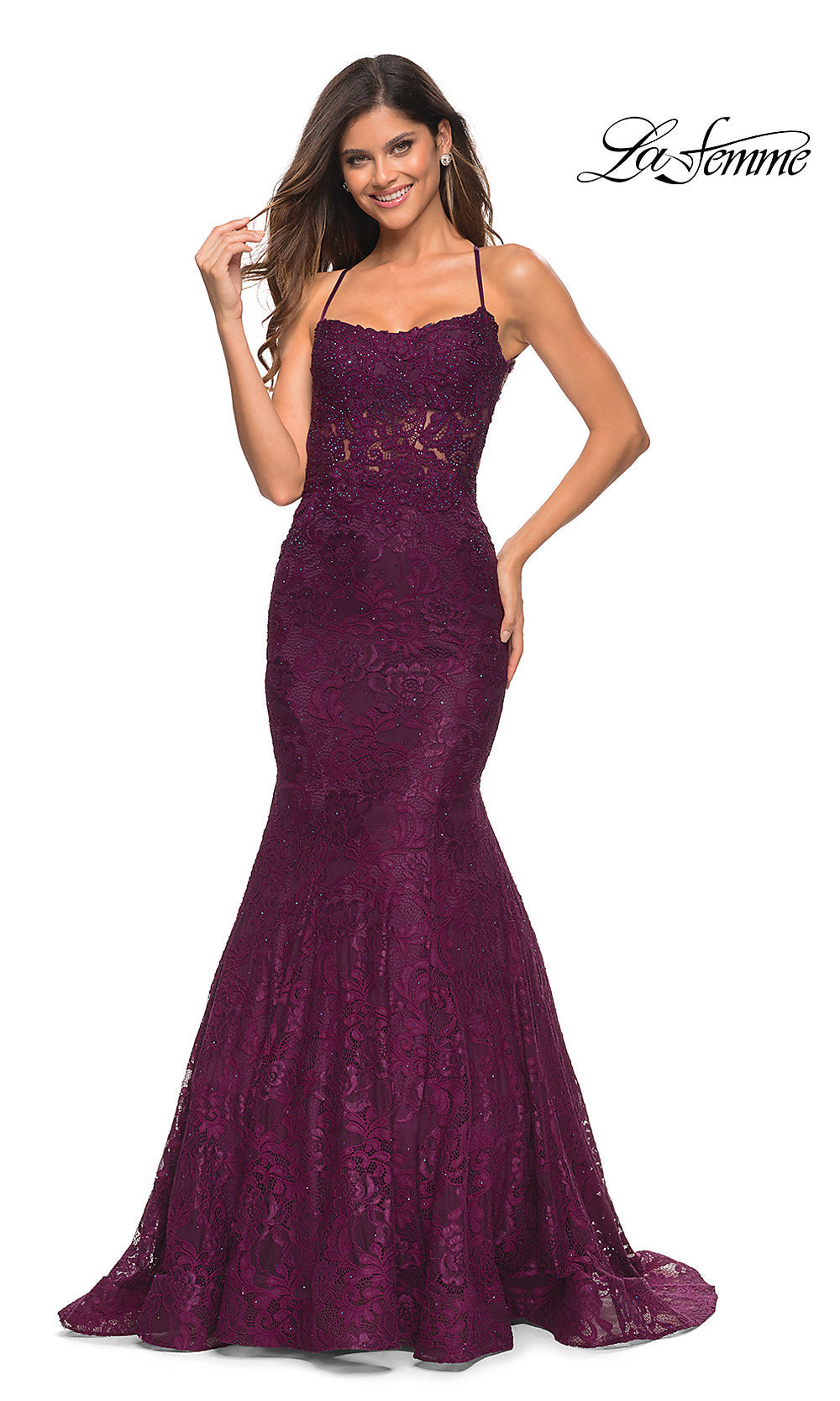 Sheer-Bodice La Femme Long Lace Mermaid Prom Dress