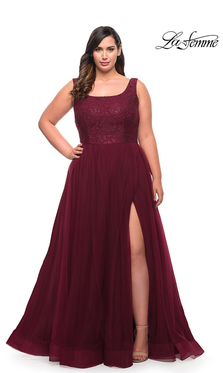 La Femme A-Line Long Lace-Bodice Plus-Size Prom Gown Dark Berry / 18W