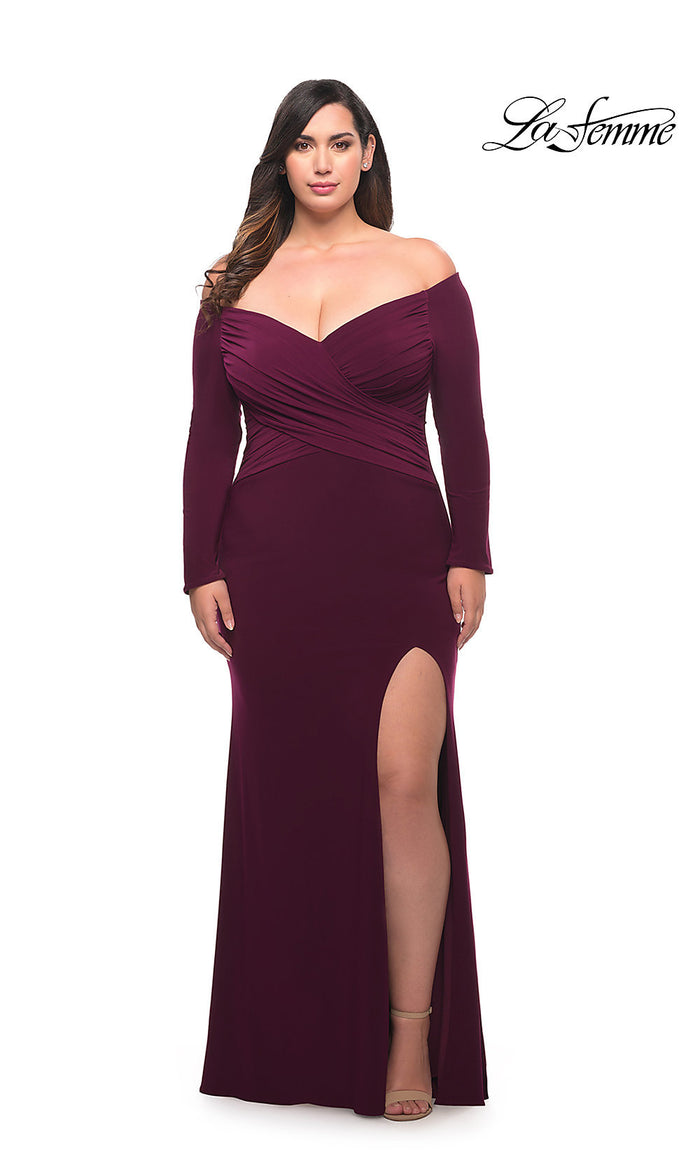 Dark Berry La Femme Off-Shoulder Long-Sleeve Plus Prom Dress