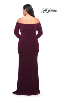 long dress with sleeves plus size La Femme Long-Sleeve Off-Shoulder Plus-Size Prom Dress Black / 20W