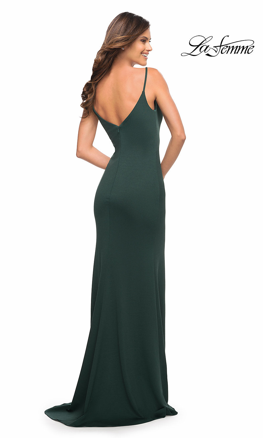 La Femme Women's Simple Jersey Gown with V Neckline and Slit - Green - Gowns La Femme Women's Simple Jersey Gown with V Neckline and Slit - Green - Gowns
