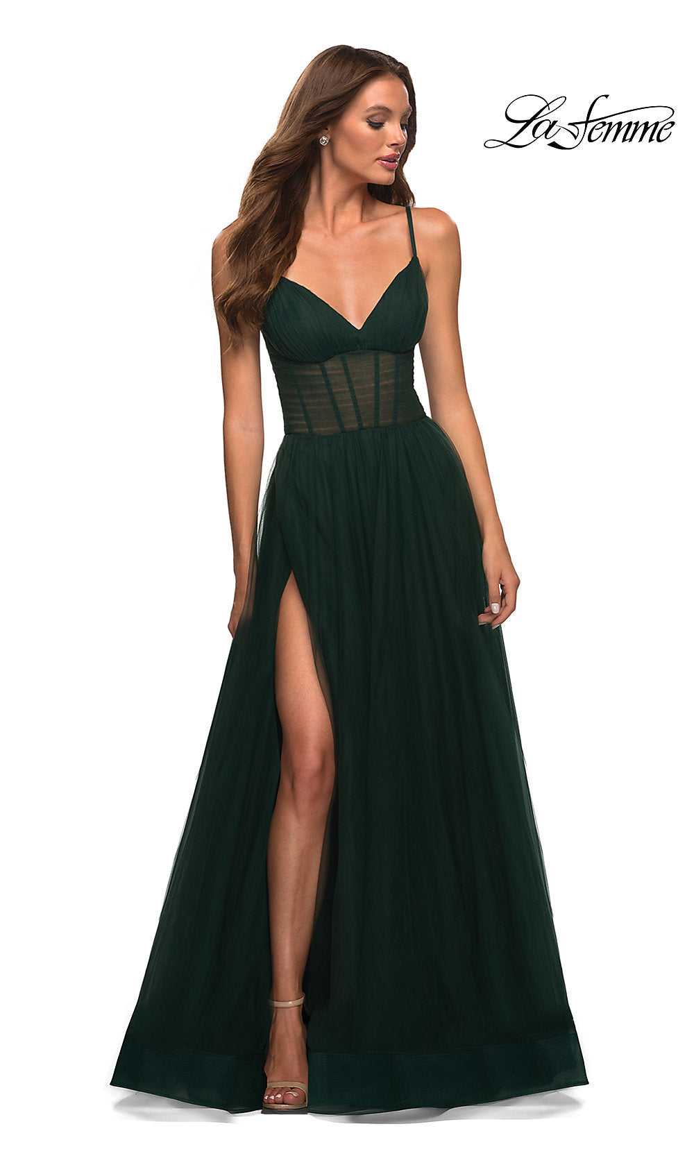 sheer waist prom dress Sheer Corset Dark Green Beaded Mermaid Long Formal Dress, Navy Blue / 10