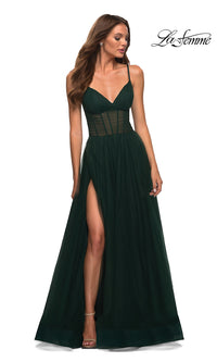 Dark Emerald Sheer-Waist Long A-Line Prom Dress by La Femme