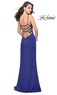 Dark Periwinkle Long Beaded Open-Back Prom Dress by La Femme
