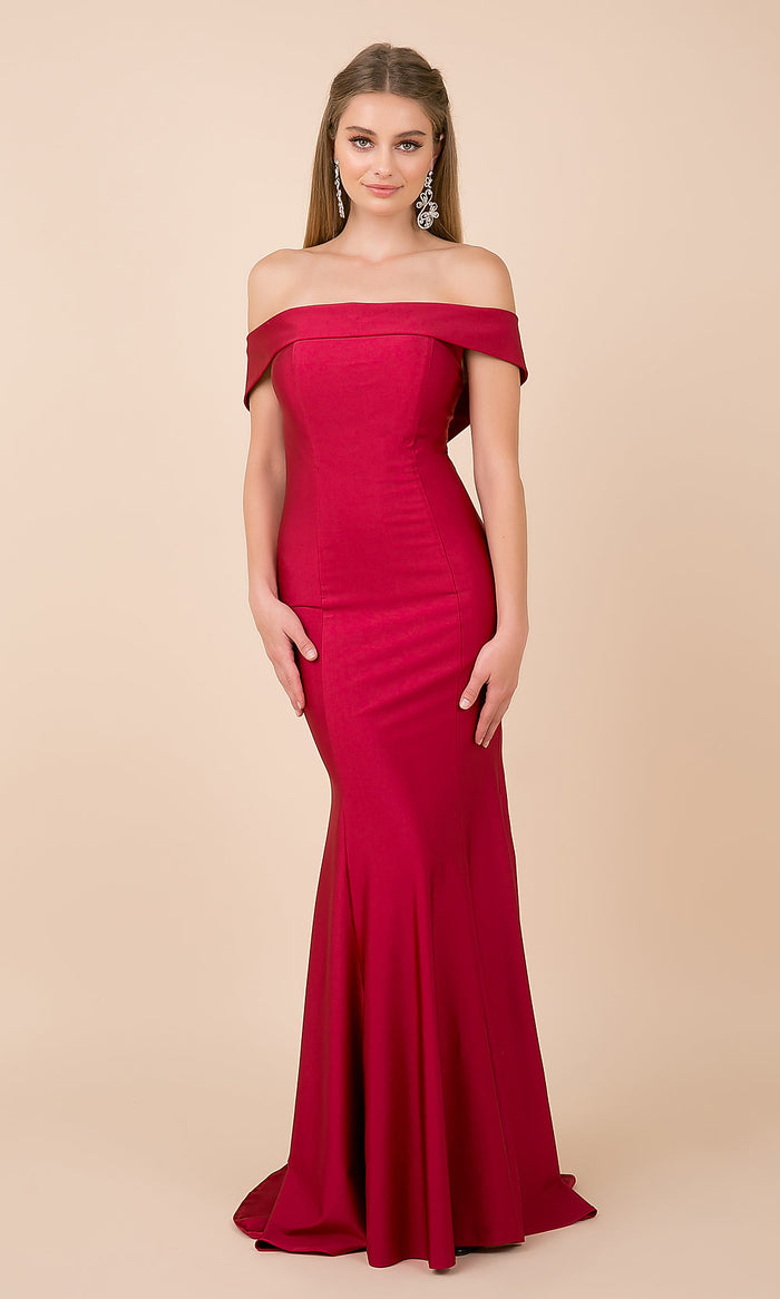 Dark Red Off-the-Shoulder Classic Long Formal Evening Gown