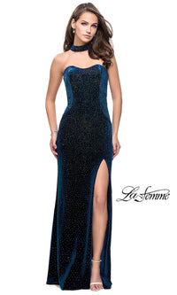 Dark Teal Beaded Strapless Long La Femme Prom Dress with Slit