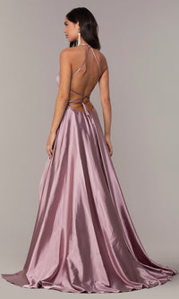  Faviana Long Open-Back Satin Formal Dress with Pockets