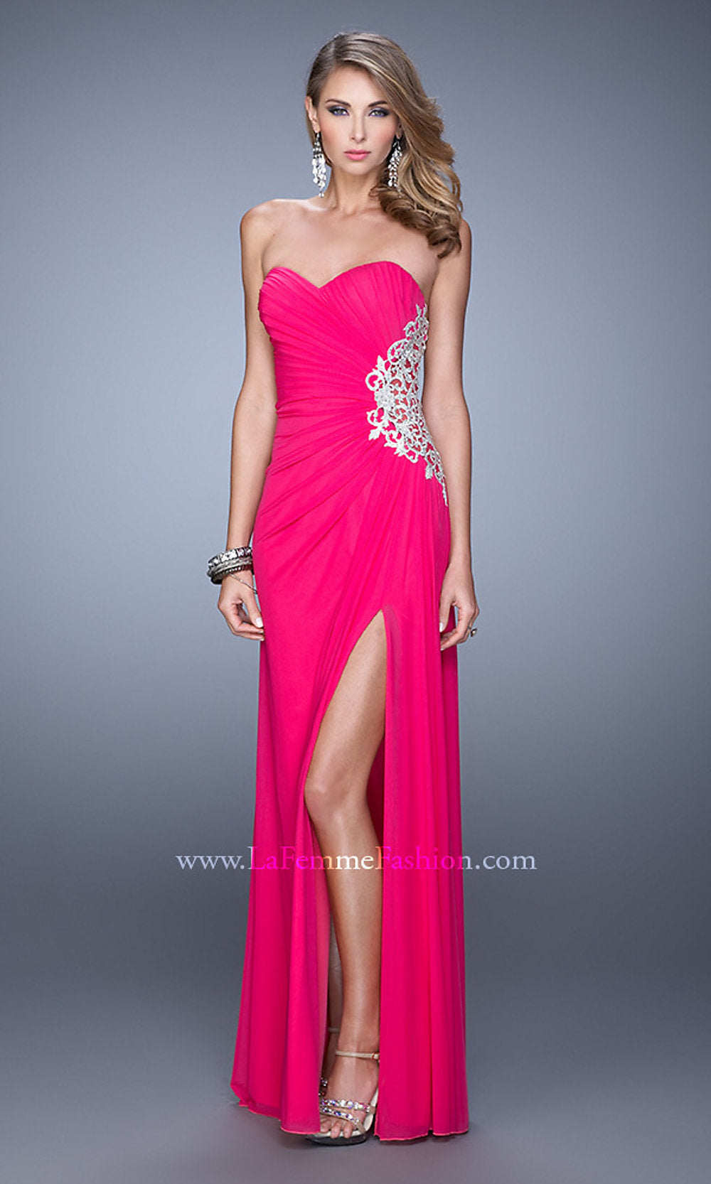Deep Pink Sheer-Side Long Strapless Formal Dress by La Femme