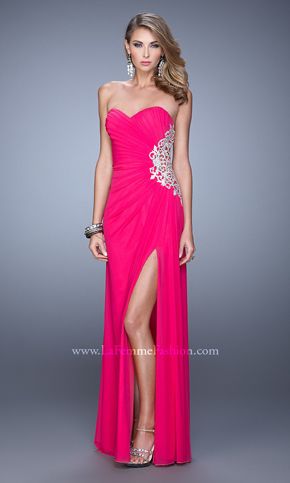Deep Pink Sheer-Side Long Strapless Formal Dress by La Femme