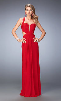 Deep Red Open-Back La Femme Floor-Length Dress