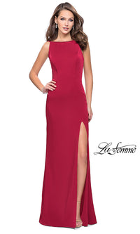 Deep Red Long Beaded Open-Back Prom Dress by La Femme