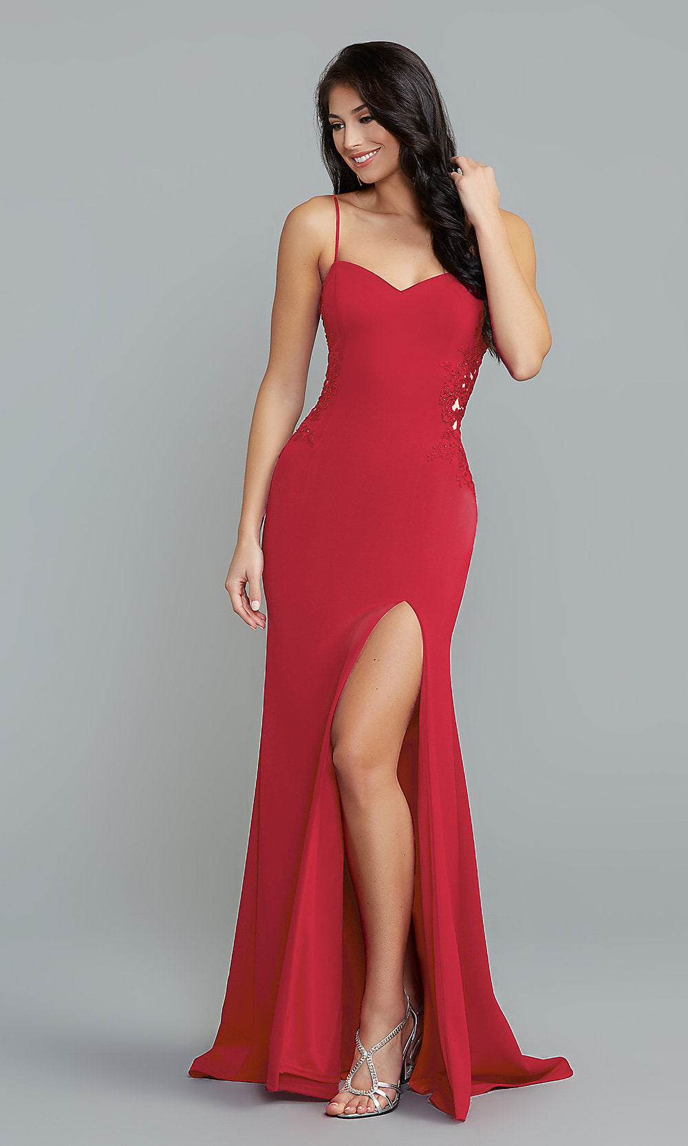 Deep Red Long Formal Dress with Embroidered Sheer Sides