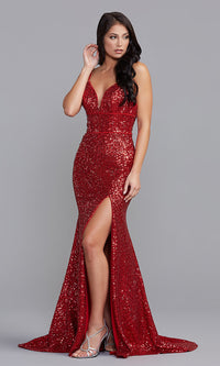 Deep Red Statement-Back Long Sequin Prom Dress in Deep Red