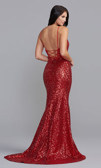  Statement-Back Long Sequin Prom Dress in Deep Red