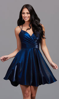 Deep Sea Shimmer Strappy-Open-Back Short A-Line Homecoming Dress