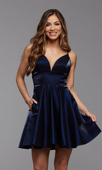 Deep Sea Shimmer Satin V-Neck Short Prom Dress with Pockets