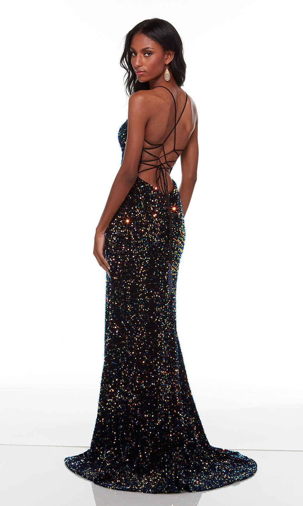  Strappy-Back Multicolor-Sequin Long Prom Dress