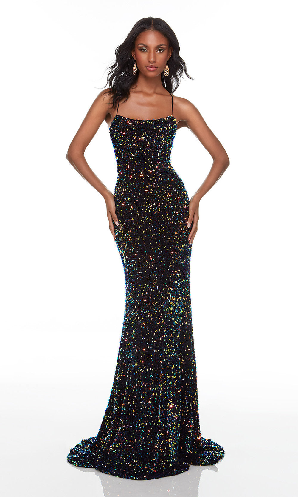  Strappy-Back Multicolor-Sequin Long Prom Dress