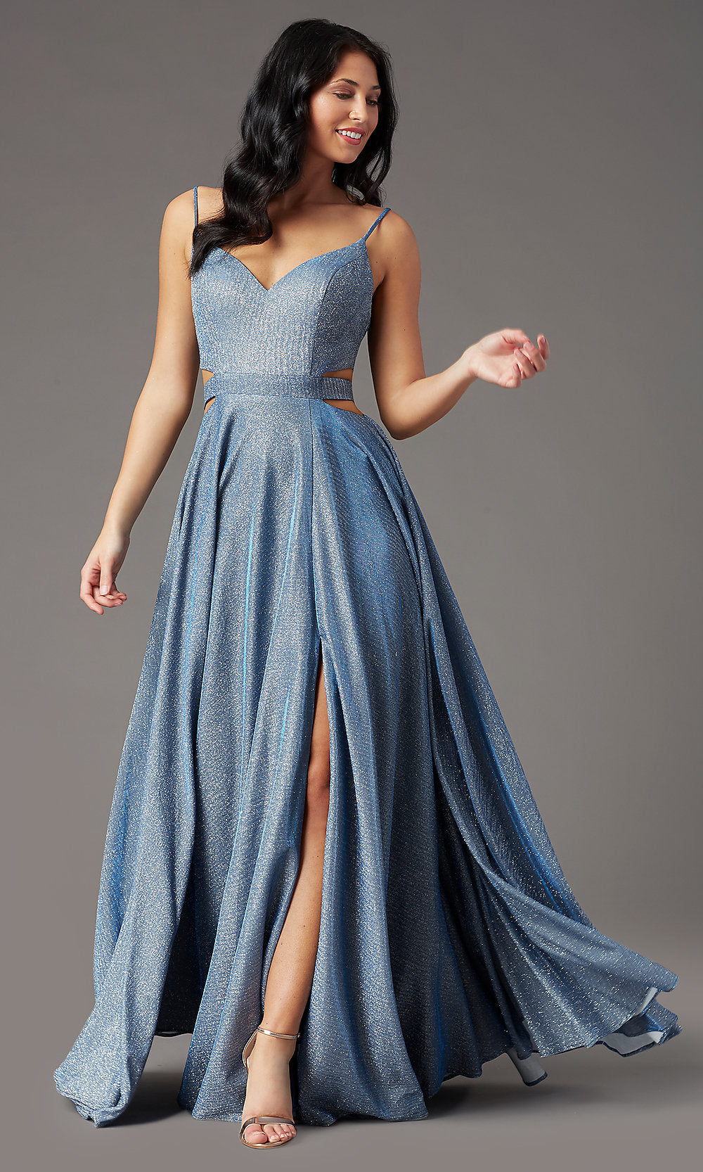 Korrespondance halv otte bånd Glitter-Knit Long V-Neck Blue Prom Dress by PromGirl