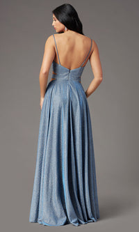  PromGirl Glitter-Knit Long Dusty Blue Prom Dress