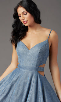  PromGirl Glitter-Knit Long Dusty Blue Prom Dress