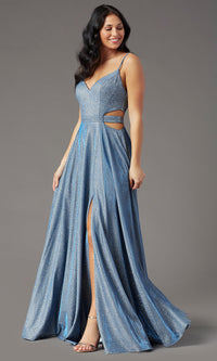  PromGirl Glitter-Knit Long Dusty Blue Prom Dress