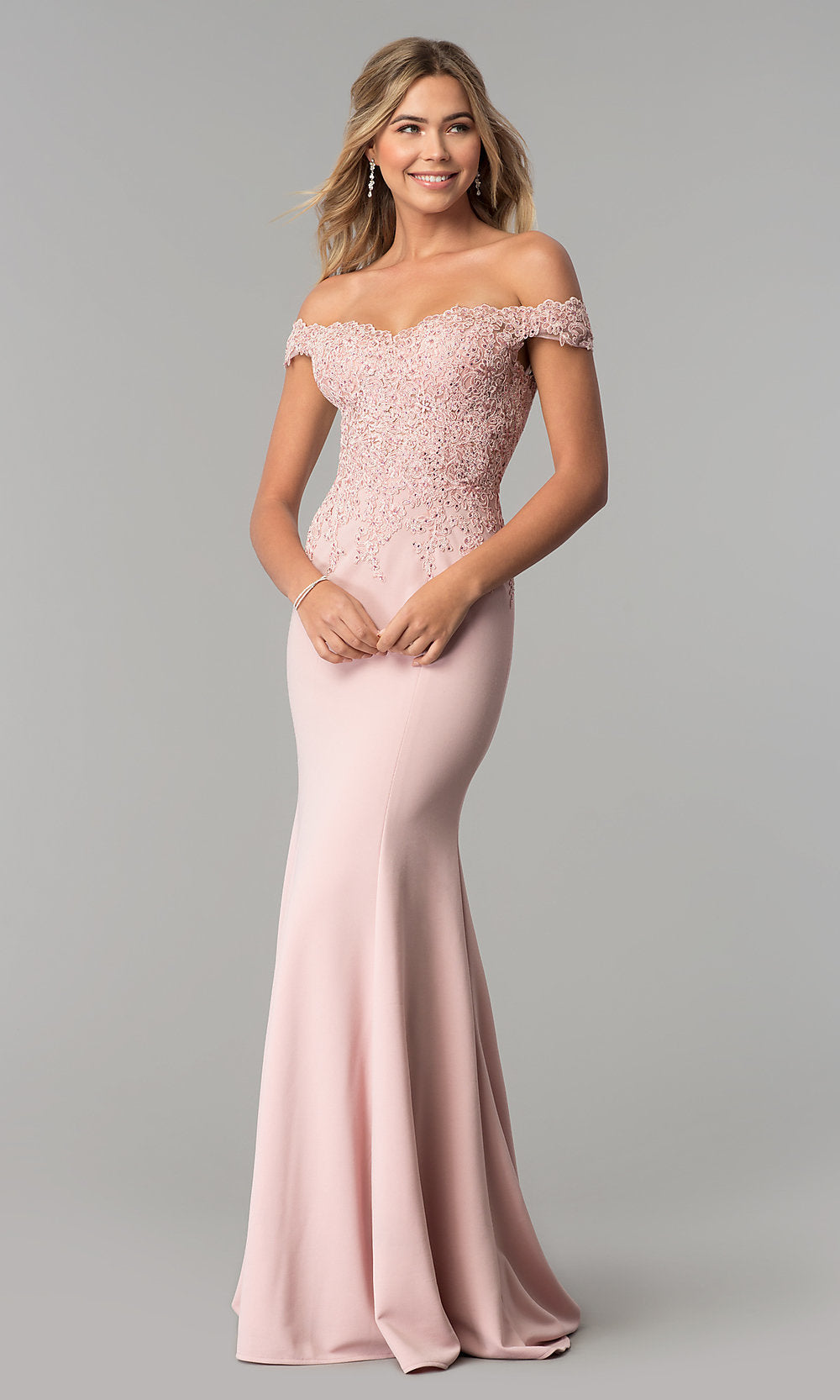 Dusty Pink Off-Shoulder Beaded Lace-Bodice Long Formal Dress