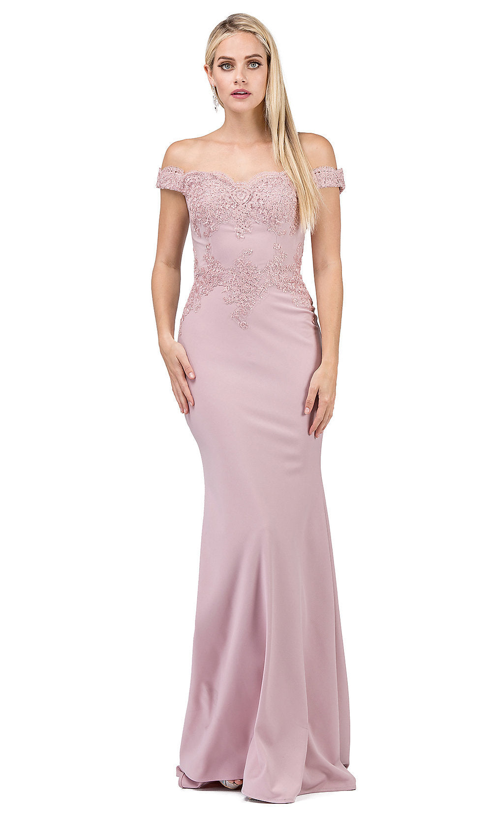 Dusty Pink Embroidered Off-the-Shoulder Sweetheart Prom Gown