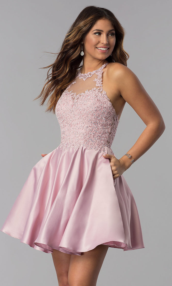 Dusty Pink Short Lace-Applique-Bodice Homecoming Party Dress