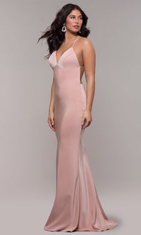 Dusty Pink Sleeveless Long Fitted Satin Prom Dress by Faviana