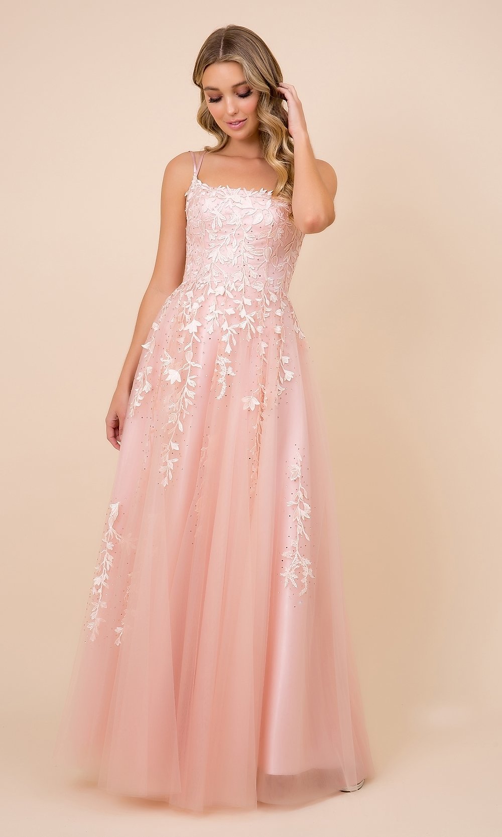 Dusty Rose Embroidered Strappy-Back Tulle Ball Gown for Prom