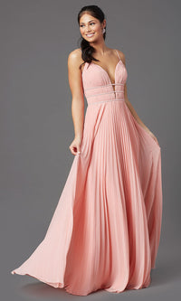 Dusty Rose V-Neck Long Pleated Formal Prom Dress by PromGirl