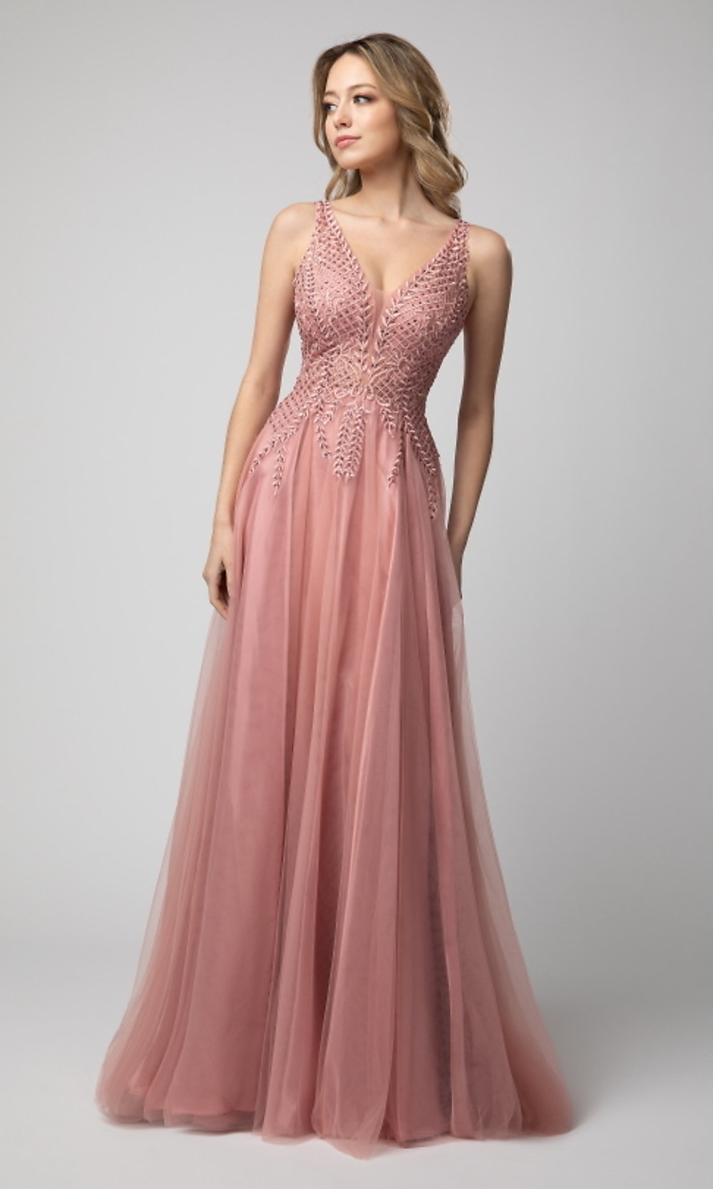 Dusty Rose Shail K V-Neck Long Embroidered Tulle Prom Dress