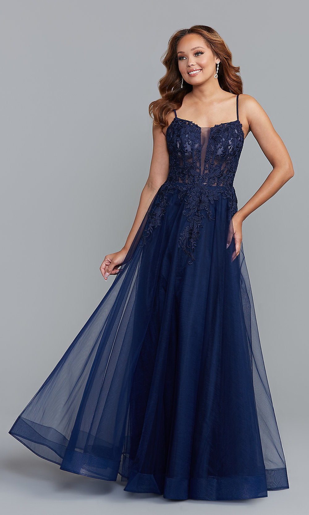 Eclipse Embroidered Sheer-Bodice Long Blue Prom Dress