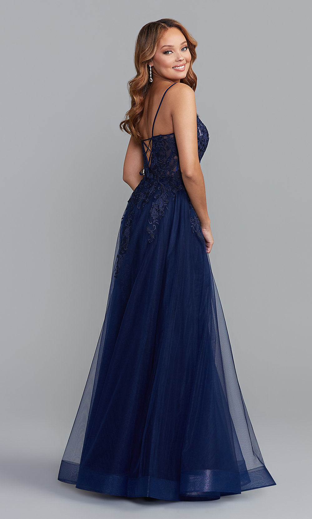  Embroidered Sheer-Bodice Long Blue Prom Dress