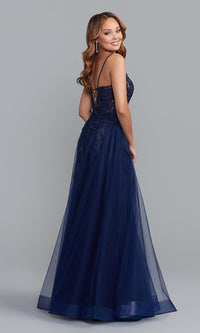  Embroidered Sheer-Bodice Long Blue Prom Dress