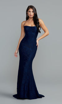 Eclipse Strappy-Back Long Prom Dress in Dark Blue Lace