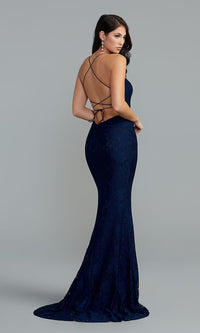  Strappy-Back Long Prom Dress in Dark Blue Lace