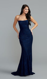  Strappy-Back Long Prom Dress in Dark Blue Lace