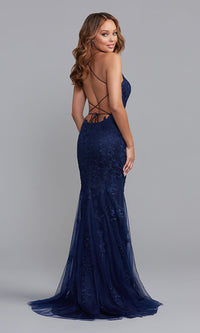  Backless Long Blue Formal Prom Gown with Beading