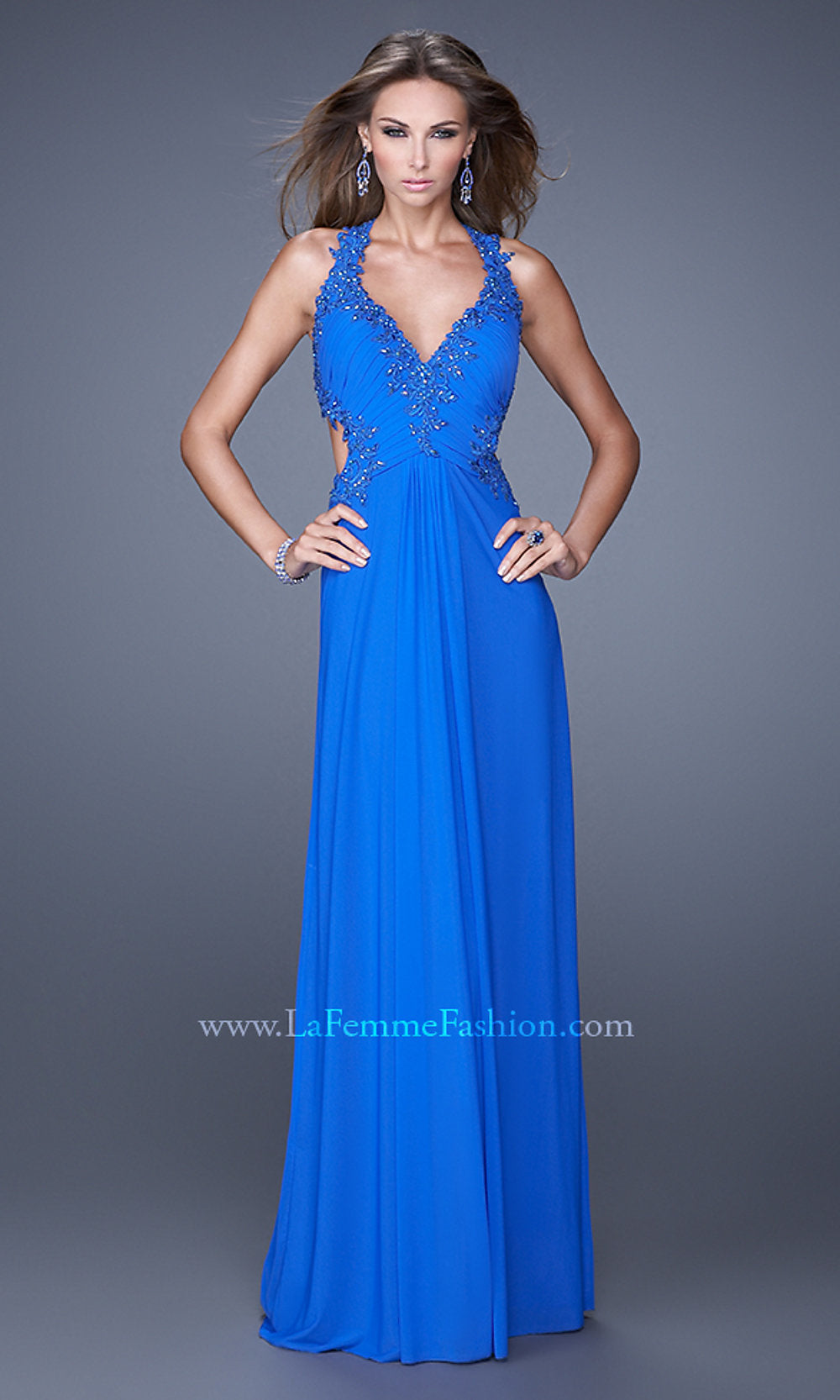 Electric Blue La Femme Long A-Line Formal Dress with Beading