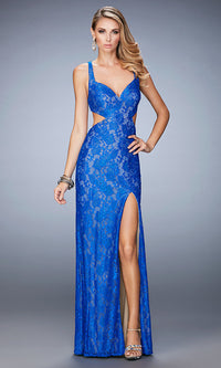 Electric Blue Lace Floor Length Formal Gown by La Femme