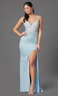 Electric Blue PromGirl Illusion-Bodice Long Glitter Prom Dress