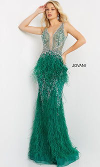 Emerald Feather-Embellished Long Jovani Formal Prom Dress