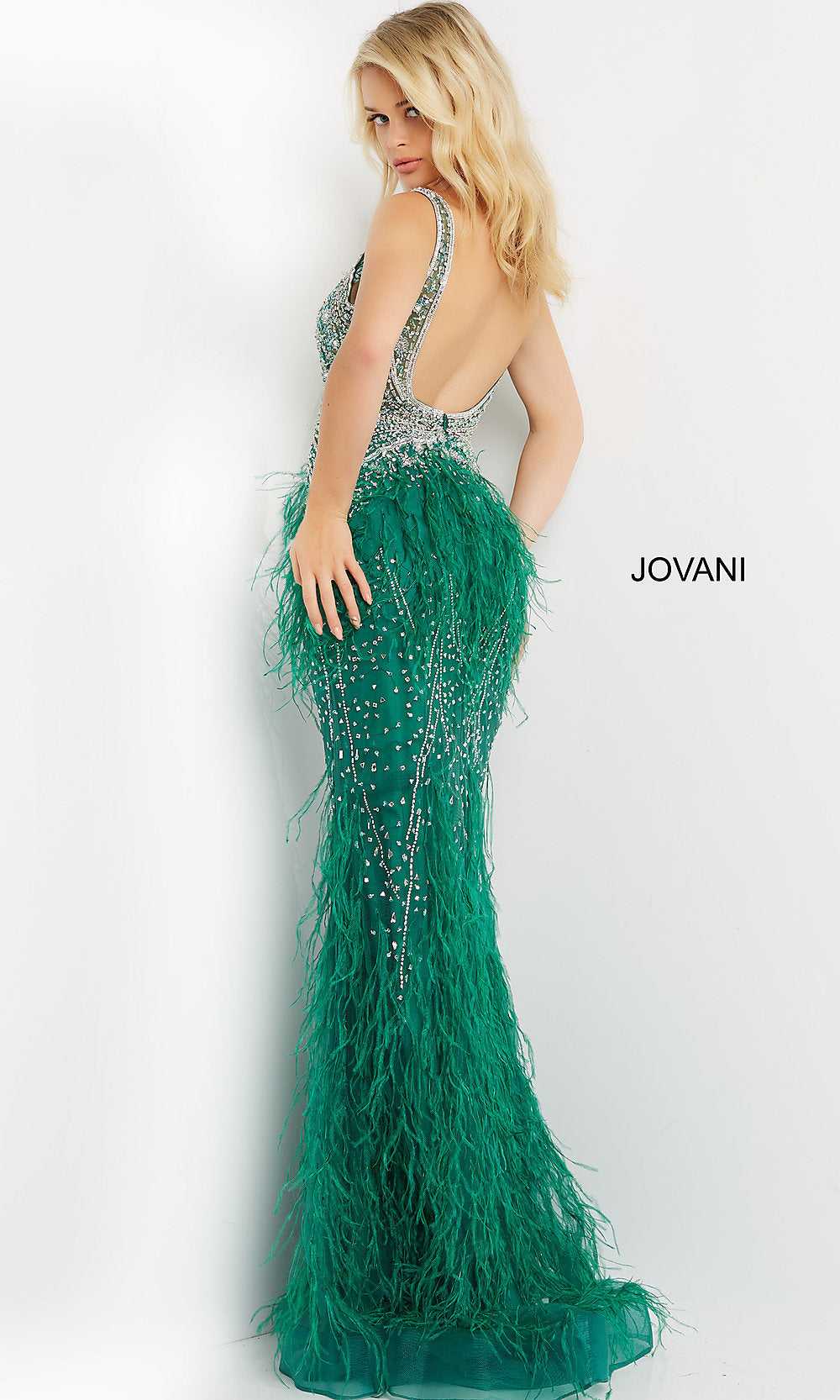  Feather-Embellished Long Jovani Formal Prom Dress